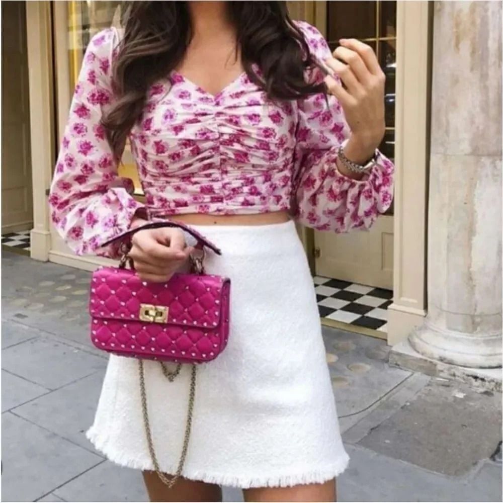NEW Zara Floral Bardot Shirred Coquette Puff Sleeve Cottagecore Crop Top Size XS